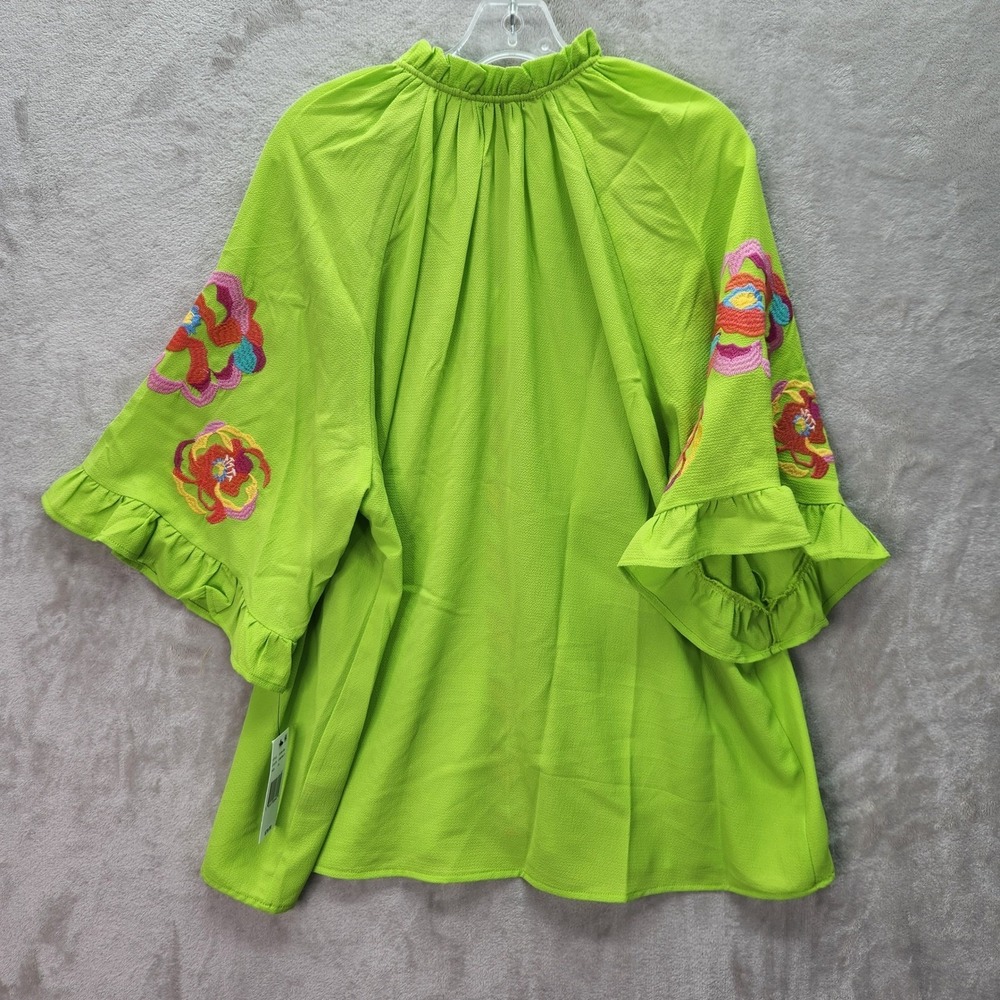 Calessa Tunic Womens 2X Lime Embroidered Ruffled Sleeve Top Boho Blouse Work New - Picture 3 of 10